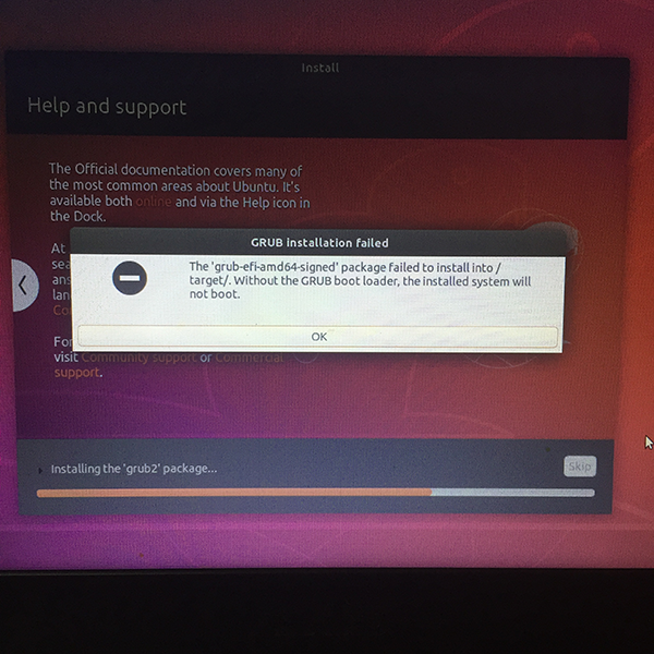 关于U盘安装ubuntu-18.04安装时候出现的grub-efi-amd64-signed的问题。